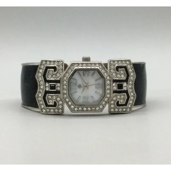 Art Deco Bangle Cuff Watch Womens 21mm Black Enamel Crystal MOP Dial New Battery - Picture 4 of 13